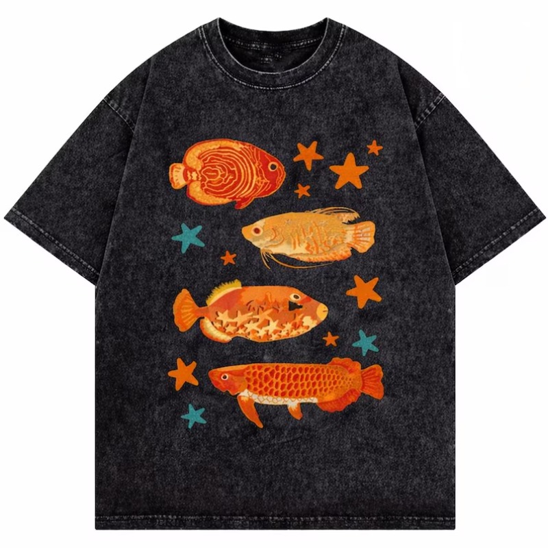 Aquarium Marine Color - 빈티지 워시드 열대어 프린트 티셔츠 화려한