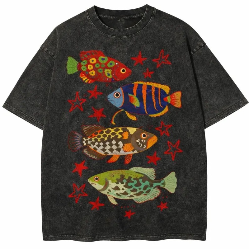 빈티지 워시드 열대어 프린트 티셔츠 화려한 수족관 해양 - Aquarium Marine Color 리뷰 및 가격